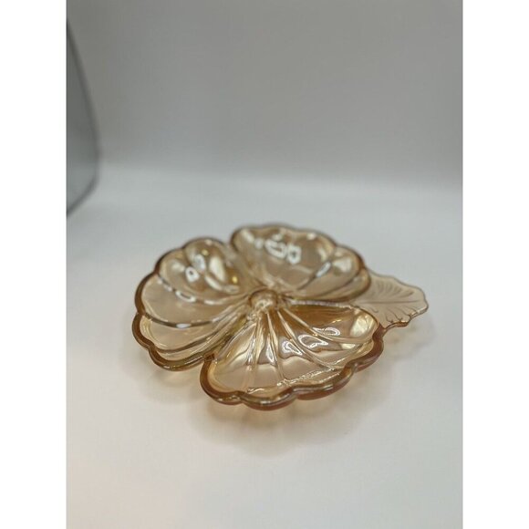 CARNIVAL Glass Marigold Clover Leaf Candy Nut Dish Iridescent Divided VINTAGE - Picture 3 of 7